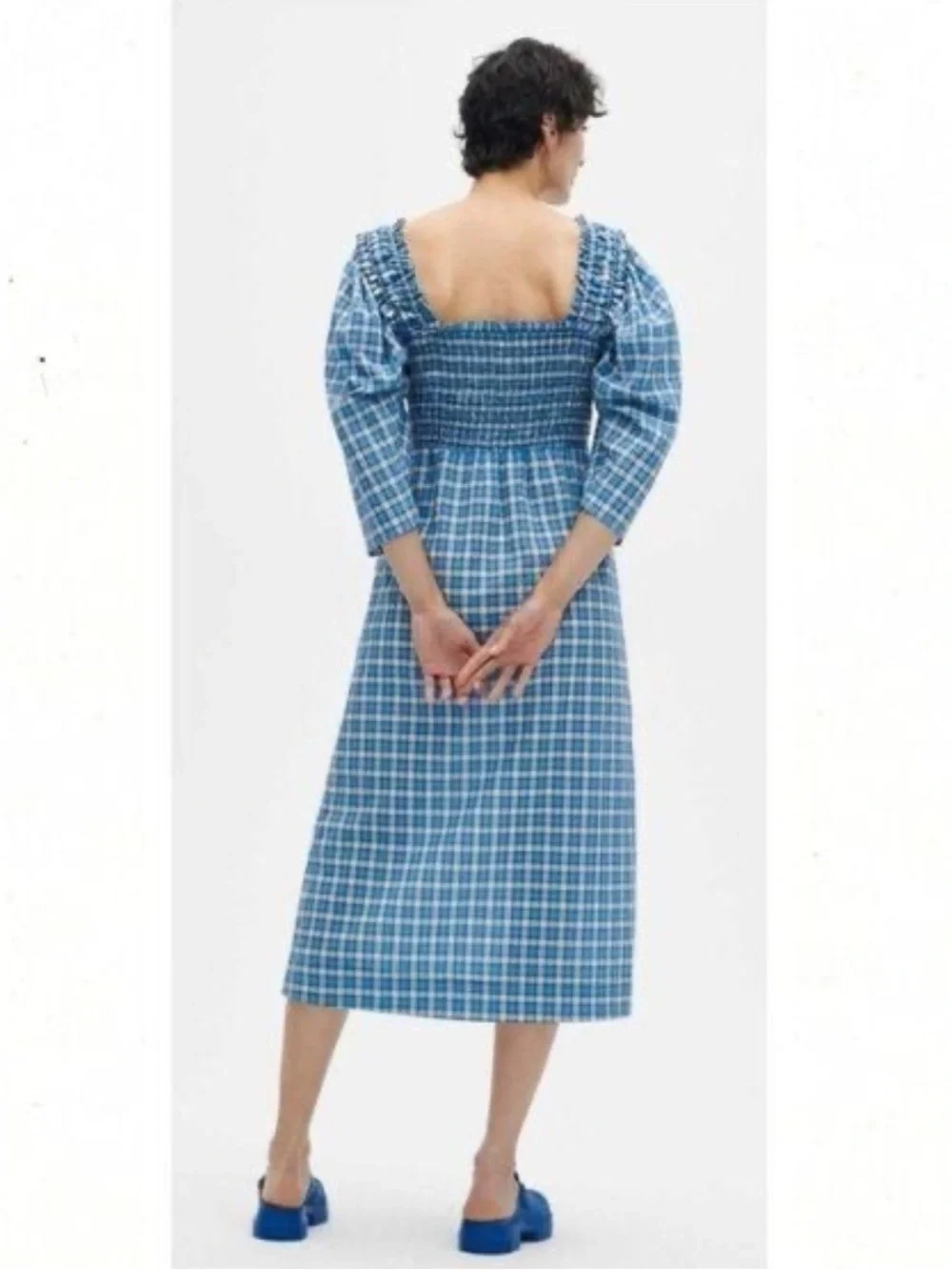 Ganni Blue Plaid Smocked Midi Dress - Women's
